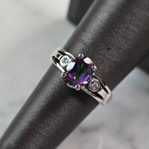Womens Vintage Estate 10k White Gold Mystic Topaz & Diamond Ring 4.2g #E977